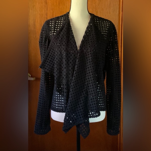 $298 ELIE TAHARI M Black Harla Perforated Cascade Jacket Sheer Spring Open Knit - Picture 3 of 14